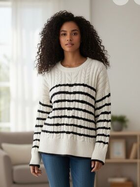 Philosophy Cream Cable Knit Sweater with Black Stripes M